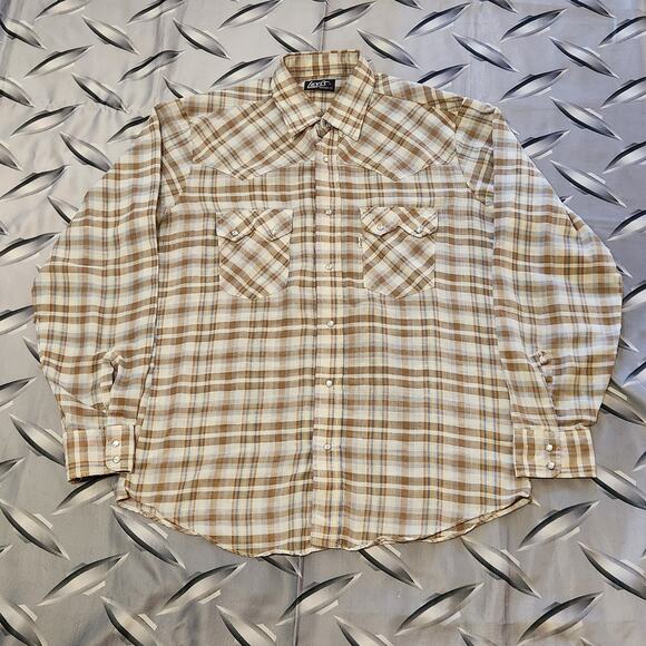 Vintage 70s levis white tab pearl snap western shirt size L Brown Tan Plaid - Picture 1 of 12